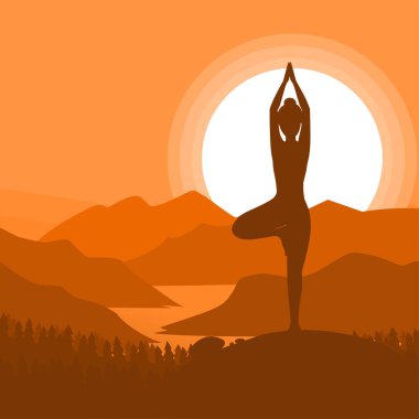 Yoga meditation, sports, gymnastics, fitness relaxation. Vector illustration of yoga poses in nature. 10 EPS