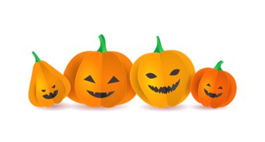 Collection of 3D Paper Pumpkins with Halloween Faces. for banner, poster, greeting card, party invitation. Isolated illustration.