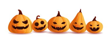 Design of realistic pumpkins with halloween faces for design, template, banner, flyer