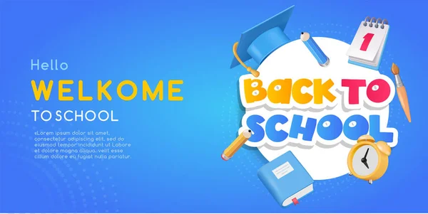Back to school banner with school supplies on blue background. Vector 3d illustration. Stationery items. Pens, pencils and marker pens. Educational banner design