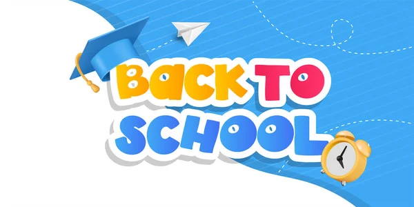 Back to school banner with school supplies on blue background. Vector 3d illustration. Stationery items. Pens, pencils and marker pens. Educational banner design