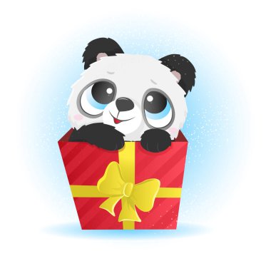 Cartoon illustration cute panda in gift red. Animal for Greeting card.