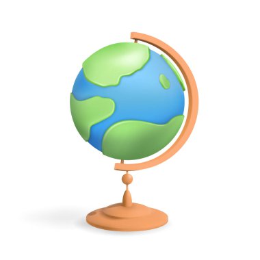 Cartoon Earth globe. Planet Earth model with world map on base isolated on white background. 3d rendering Vector Illustration