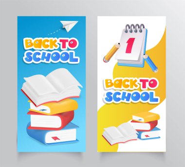 Collection Back to school banner with school supplies on background. Vector 3d illustration. Stationery items. Pens, pencils and marker pens. Educational banner design