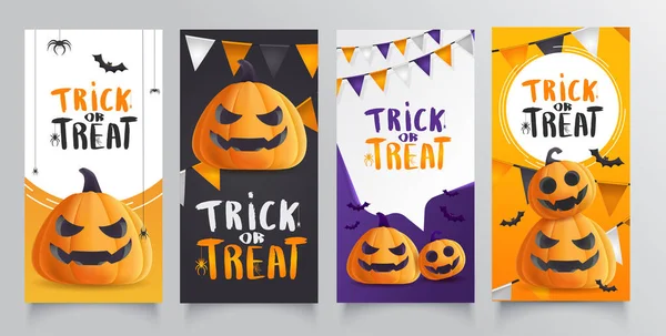Collection Happy halloween banner with illustration of realistic pumpkins with faces. Modern design