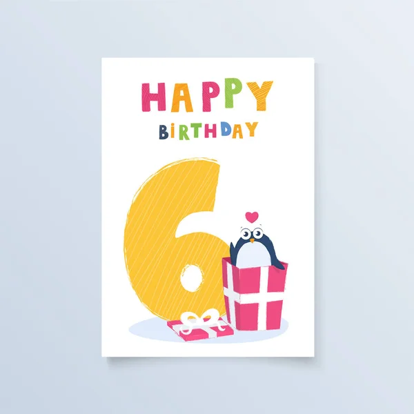 Template Postcard Six Years Penguin Gift Greeting Card Birthday Holiday — Vector de stock