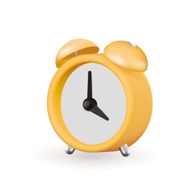 3D alarm clock. Realistic ringing clock isolated on yellow. Vector illustration