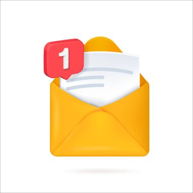 The document is in a yellow 3d envelope.New notification White voluminous sheet of paper with blue text. Read online message. Realistic character communication. Isolated vector icon template