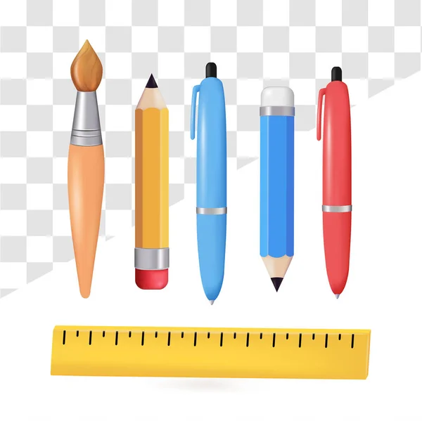 Realistic Set Stationery Pencil Ruler Brush Pen Vector Illustration — 图库矢量图片