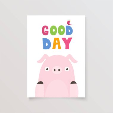 template postcard with pig and lettering for print, design, poster