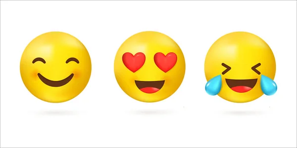 Collection of 3D face emoticons with smiling eyes and a wide smile, laughing to tears and with love in the eyes. Vector illustration