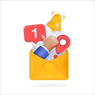 yellow 3d envelope with hand bell button and geolocation online message. Realistic vector illustration
