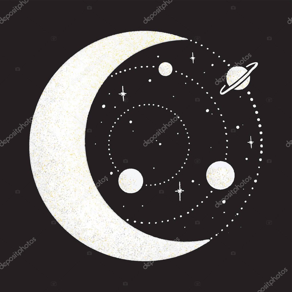 Graphic illustration, texture art solar system in the moon Drawings of stars for clothing, etc. Vector illustration