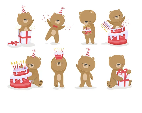 Festive Illustration Baby Bear Cartoon Cake Happy Birthday Greeting Print — Vector de stock