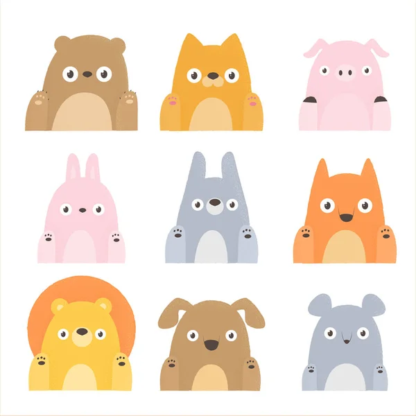 Collection cartoon cute animals, cat, fox, bear, leon, pig, rabbit, mouse, dog for design, books print design poster greeting card postcard