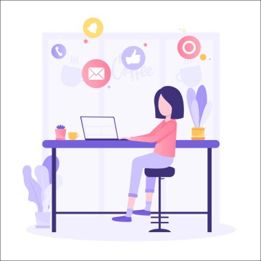 Ev konsepti tasarımında çalışıyorum. Ev kıyafetleri içinde evinde dizüstü bilgisayarla çalışıyor. Beyaz arkaplanda vektör çizimi izole edildi. Çevrimiçi eğitim, eğitim.