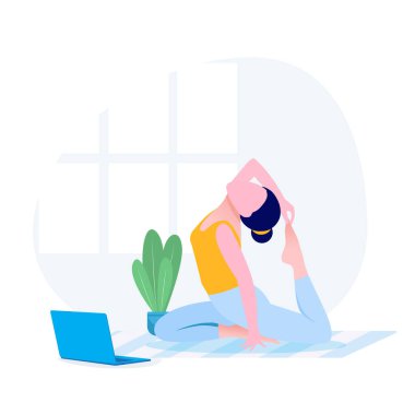 Vektör Kadın, Garbha Pindasana asana ya da rahimde cenin pozisyonu üzerinde çalışıyor. Evde yoga egzersizi yapan bir kız. vektör