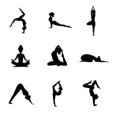 Yoga egzersizleri yapan zayıf, sportif genç bir kadın. Sağlıklı bir yaşam tarzı. Tişört grafikleri, simgeler, web, posterler, baskılar için beyaz arkaplanda izole edilmiş vektör siluet çizimleri seti