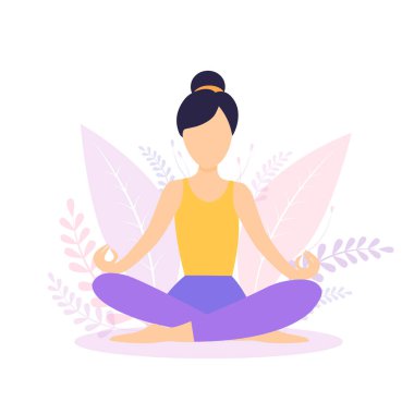 Yoga Fitness Konsepti. Uluslararası Yoga Günü Lotoları için Asana taklidi yapan bir kadın silueti. Vektör illüstrasyonu
