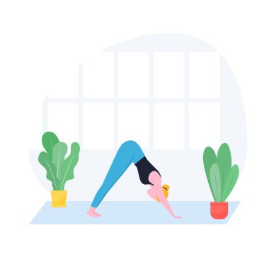 Vektör Kadın, Garbha Pindasana asana ya da rahimde cenin pozisyonu üzerinde çalışıyor. Evde yoga egzersizi yapan bir kız. vektör