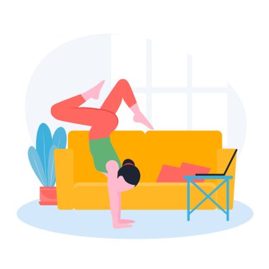 Vektör Kadın, Garbha Pindasana asana ya da rahimde cenin pozisyonu üzerinde çalışıyor. Evde yoga egzersizi yapan bir kız.