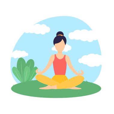 Yoga Fitness Konsepti. Uluslararası Yoga Günü Lotoları için Asana taklidi yapan bir kadın silueti. Doğa. Vektör illüstrasyonu