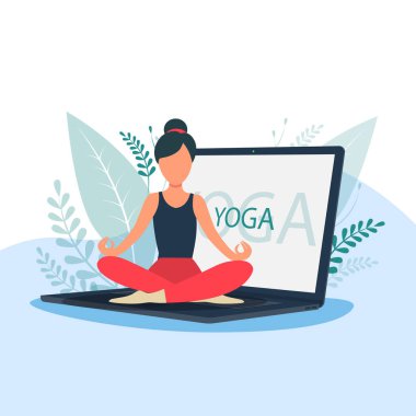 Vektör Kadın, Garbha Pindasana asana ya da rahimde cenin pozisyonu üzerinde çalışıyor. Evde internetten yoga egzersizi yapan bir kız. vektör