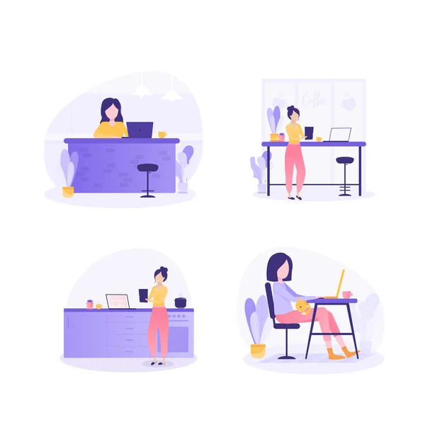 Freelance Mensen Werken Comfortabele Omstandigheden Stellen Vector Platte Illustratie Freelancer — Stockvector