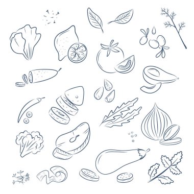 SET yiyecek çizimi siyah-beyaz lineer. Vektör illüstrasyonu