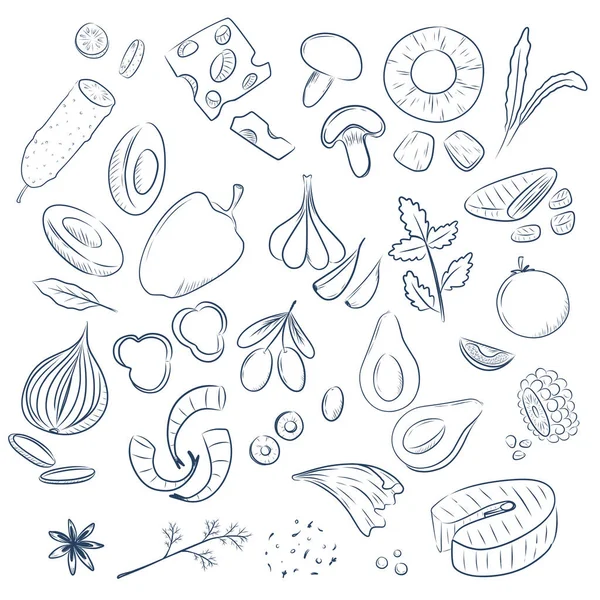Desenho Set Ilustração Alimentos Preto Branco Linear — Vetor de Stock
