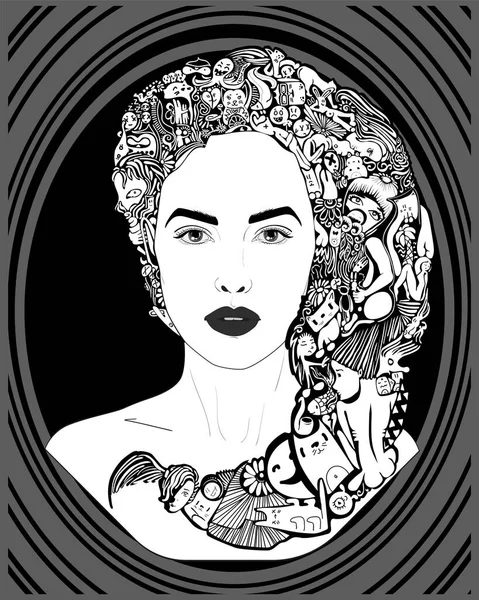 Abstraktní Dívka Ornamenty Grafické Vlasech Černobílý Plakát Tisk Vektor — Stockový vektor
