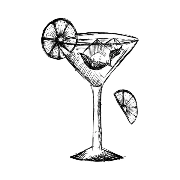 Skiss Glas Handritad Svart Och Vit Cocktail Skiss Vektor — Stock vektor