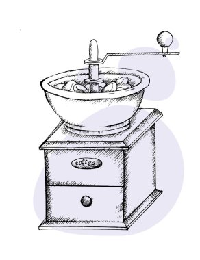 Kahve değirmeni. Elle çizilmiş kroki tarzı. Vintage siyah vektör çizim için etiket, oyma web. Beyaz arka plan üzerinde izole.