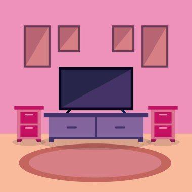TV room interior. A simple television room design with a large tv screen, two small wardrobe tables, a carpet and wall decorations.