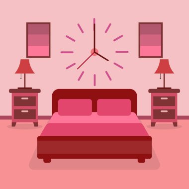 Düz dizayn pembe yatak odası iç vektör çizimi.