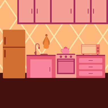 Kitchen interior design with refrigerator, hanging kitchen cabinet, sink, oven, microwave, and other kitchen utensils. Vector illustration.