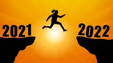 Dağlar arasındaki uçurumdan atlayan kadın silueti. 2021 'den 2022' ye geçiş, yeni yıl. Vektör illüstrasyonu