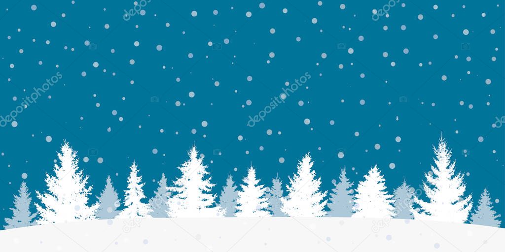 Winter forest with show at night, beautiful landscape. Silhouette of Christmas trees. Vector illustration