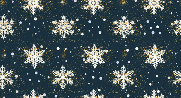 Christmas Seamless Pattern Beautiful Snowflakes Gold Spangle Dark Blue Background — Stock Vector