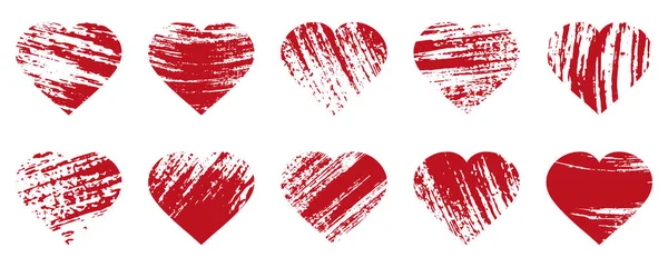 Grunge Forma Coração Vermelho Símbolo Dia Dos Namorados Conjunto Elementos — Vetor de Stock