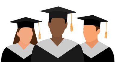 Mezuniyet şapkaları ve mantolar arka arkaya duruyor. Mezuniyet töreni. Vektör illüstrasyonu