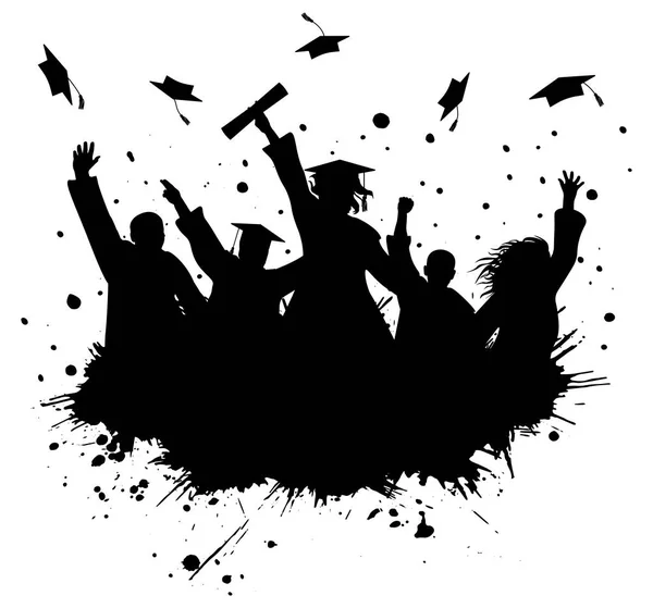 Sylwetka Szczęśliwych Absolwentów Czapkami Grunge Splash Ilustracja Wektora — Wektor stockowy