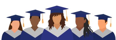 Mezuniyet şapkaları ve mantolar arka arkaya duruyor. Mezuniyet töreni. Vektör illüstrasyonu