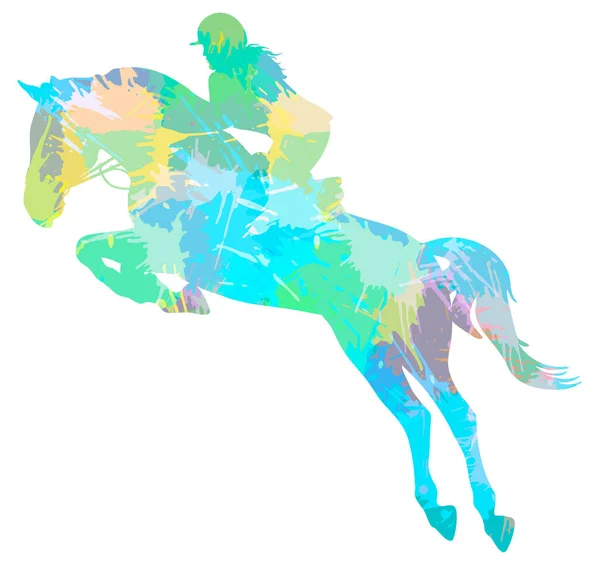 Jockey Sur Cheval Sautant Sport Équestre Tache Éclaboussante Colorée Illustration — Image vectorielle