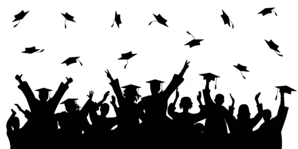 Χαρούμενοι Μεταπτυχιακοί Φοιτητές Ακαδημαϊκά Καπέλα Σιλουέτα Απόφοιτος Πανεπιστημίου Κολλεγίου Σχολείου — Διανυσματικό Αρχείο