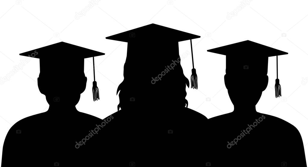 Silhouettes of graduates in graduation caps stand behind each other. Vector illustration