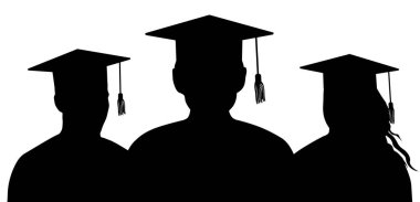 Mezuniyet şapkalı mezunların siluetleri arka arkaya dururlar. Vektör illüstrasyonu