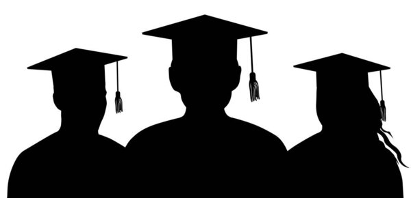 Силуэты выпускников в выпускных шапках стоят друг за другом. Векторная иллюстрация