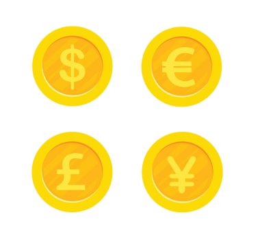 4 büyük para birimli altın sikkeler. Dolar, Euro, Sterlin, Yen