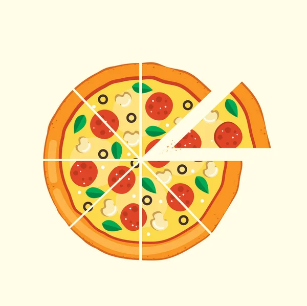 Pizza Salámem Olivami Houbami Vektorová Ilustrace — Stockový vektor